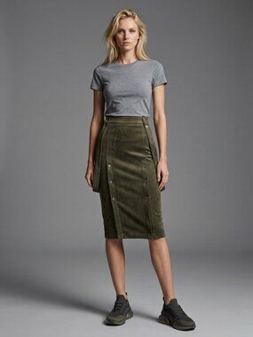Designer Olive Burnt Stretch Pencil Skirt Velour-Like Heavy Fabric